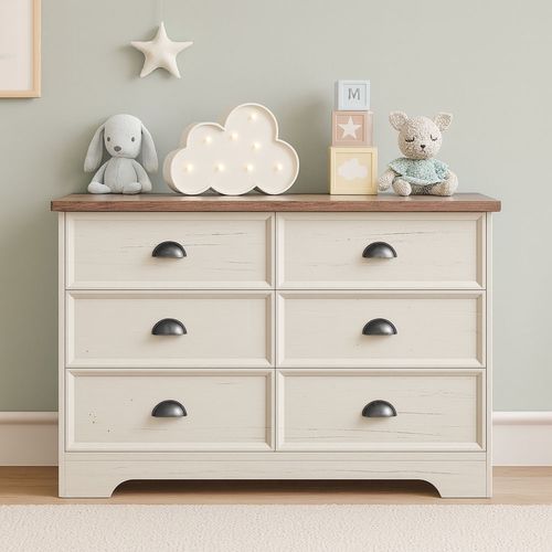 Valla - Commode 6 Tiroirs Blanc Et Bois 120cm