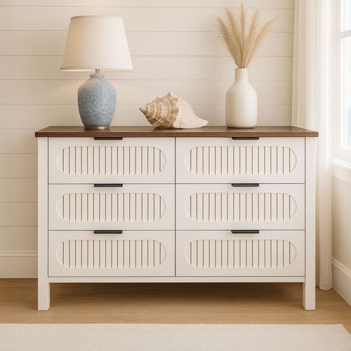 Brix - Commode 6 Tiroirs Blanc Rainuré Et Bois 120cm