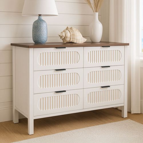 Brix - Commode 6 Tiroirs Blanc Rainuré Et Bois 120cm