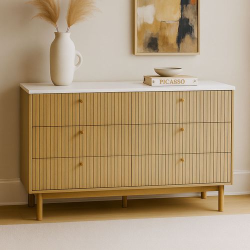 Brox- Buffet 6 Tiroirs Aspect Bois Rainuré Et Blanc 120cm