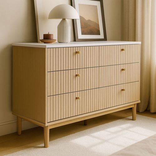 Brox- Buffet 6 Tiroirs Aspect Bois Rainuré Et Blanc 120cm