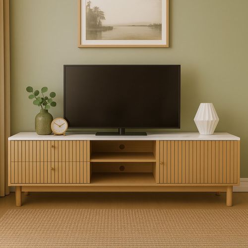 Trix - Meuble TV Aspect Bois Rainuré Et Blanc Avec Tiroirs Et Placard 150cm