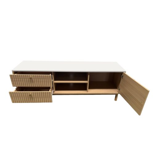 Trix - Meuble TV Aspect Bois Rainuré Et Blanc Avec Tiroirs Et Placard 150cm