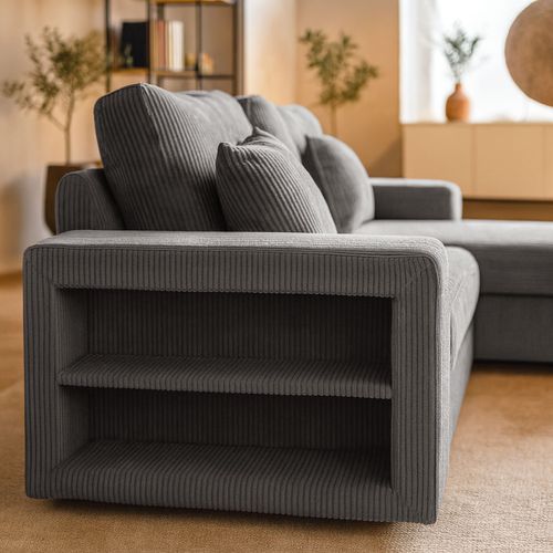 Glasgow - Canapé D'angle Convertible 4 Places Avec Coffre En Velours Côtelé Gris