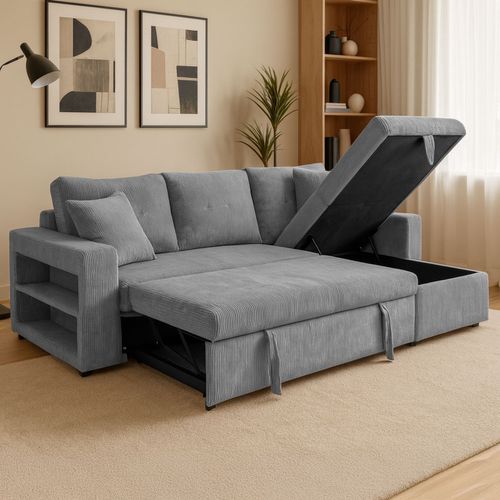 Glasgow - Canapé D'angle Convertible 4 Places Avec Coffre En Velours Côtelé Gris