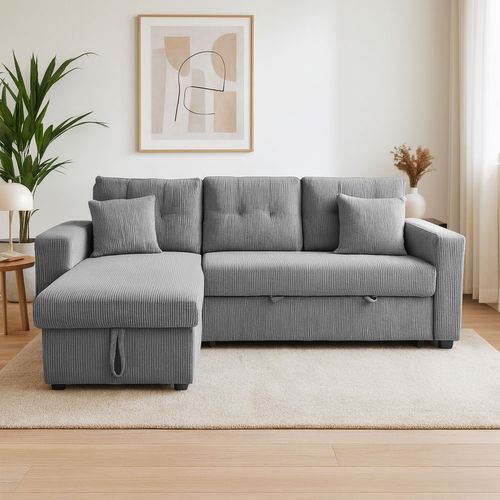 Glasgow - Canapé D'angle Convertible 4 Places Avec Coffre En Velours Côtelé Gris