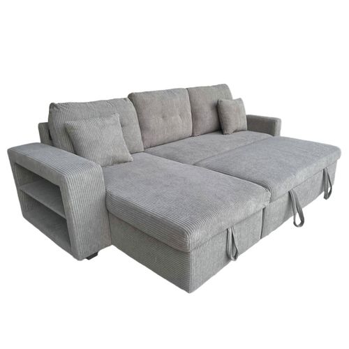 Glasgow - Canapé D'angle Convertible 4 Places Avec Coffre En Velours Côtelé Gris
