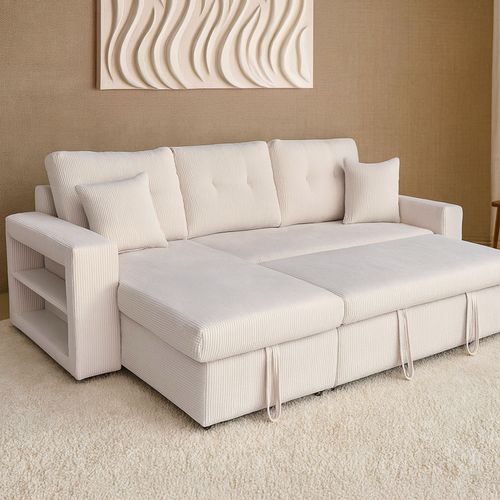 Glasgow - Canapé D'angle Convertible 4 Places Avec Coffre En Velours Côtelé Beige