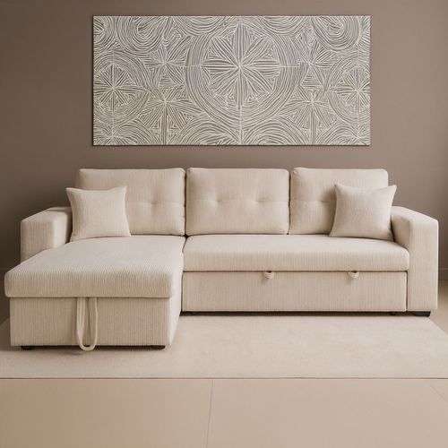 Glasgow - Canapé D'angle Convertible 4 Places Avec Coffre En Velours Côtelé Beige