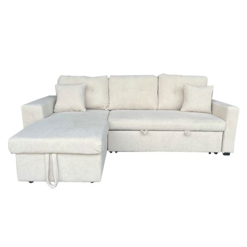 Glasgow - Canapé D'angle Convertible 4 Places Avec Coffre En Velours Côtelé Beige