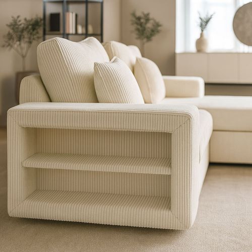 Glasgow - Canapé D'angle Convertible 4 Places Avec Coffre En Velours Côtelé Beige