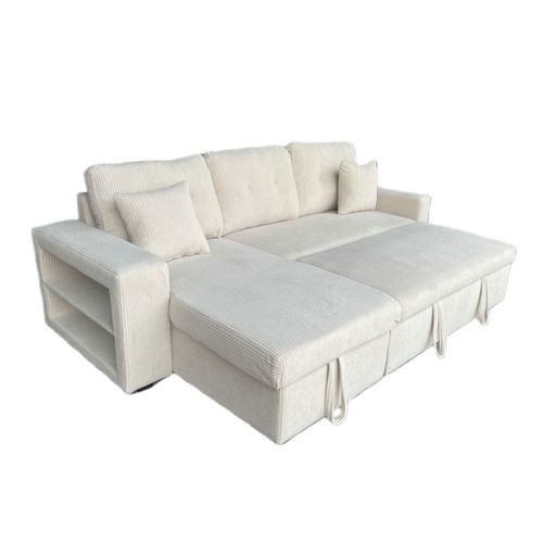 Glasgow - Canapé D'angle Convertible 4 Places Avec Coffre En Velours Côtelé Beige