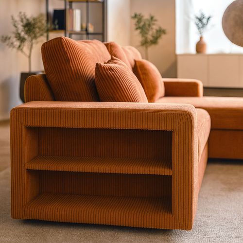 Glasgow - Canapé D'angle Convertible 4 Places Avec Coffre En Velours Côtelé Terracotta