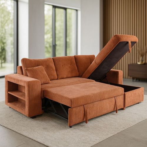 Glasgow - Canapé D'angle Convertible 4 Places Avec Coffre En Velours Côtelé Terracotta