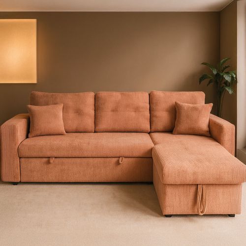 Glasgow - Canapé D'angle Convertible 4 Places Avec Coffre En Velours Côtelé Terracotta