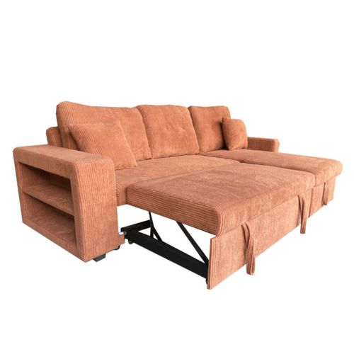 Glasgow - Canapé D'angle Convertible 4 Places Avec Coffre En Velours Côtelé Terracotta