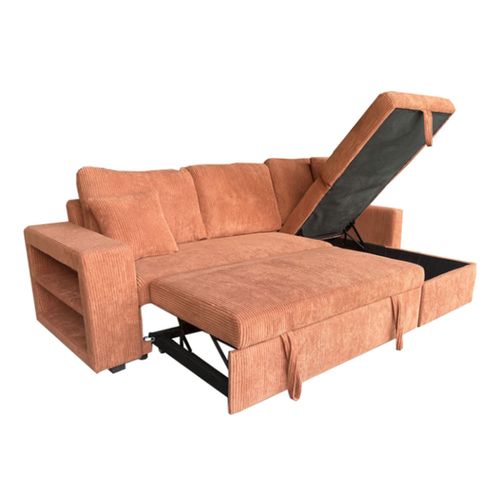 Glasgow - Canapé D'angle Convertible 4 Places Avec Coffre En Velours Côtelé Terracotta