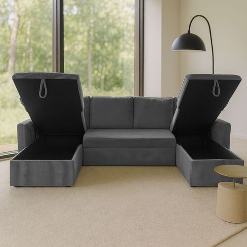 Mahé - Canapé Panoramique Convertible Avec Coffres 4 Places En Velours Côtelé Gris