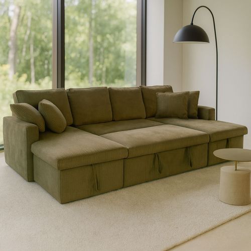 Mahé - Canapé Panoramique Convertible Avec Coffres 4 Places En Velours Côtelé Vert