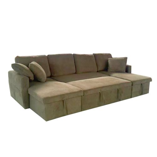 Mahé - Canapé Panoramique Convertible Avec Coffres 4 Places En Velours Côtelé Vert