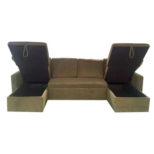 Mahé - Canapé Panoramique Convertible Avec Coffres 4 Places En Velours Côtelé Vert