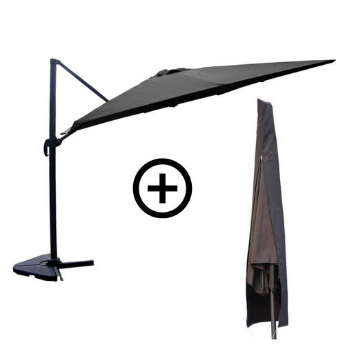 Cesare - Bundle Parasol Rectangulaire 3x4m Déporté Rotatif Gris Aluminium + Housse
