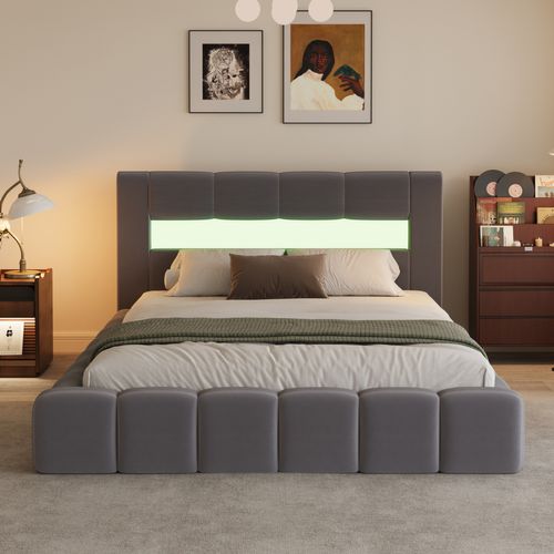 Omaha - Lit Nuage LED Avec Coffre 180x200cm En Velours Gris Avec Tête De Lit Et Sommier