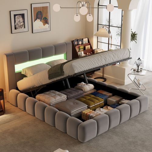 Omaha - Lit Nuage LED Avec Coffre 180x200cm En Velours Gris Avec Tête De Lit Et Sommier
