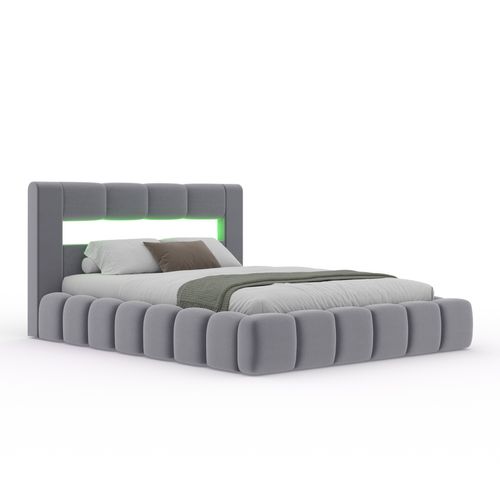 Omaha - Lit Nuage LED Avec Coffre 180x200cm En Velours Gris Avec Tête De Lit Et Sommier