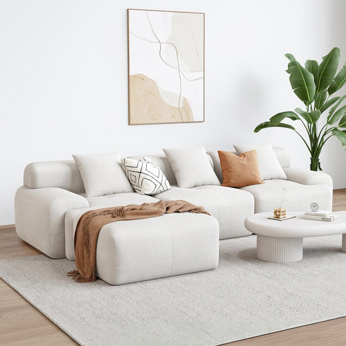 Sheffield - Canapé D'angle 5-6 Places Avec Méridienne Modulable En Velours Côtelé Beige