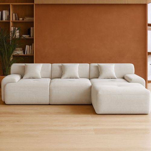 Sheffield - Canapé D'angle 5-6 Places Avec Méridienne Modulable En Velours Côtelé Beige