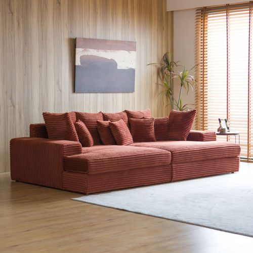 Cardiff - Canapé 4 Places Assise Profonde En Velours Côtelé Terracotta