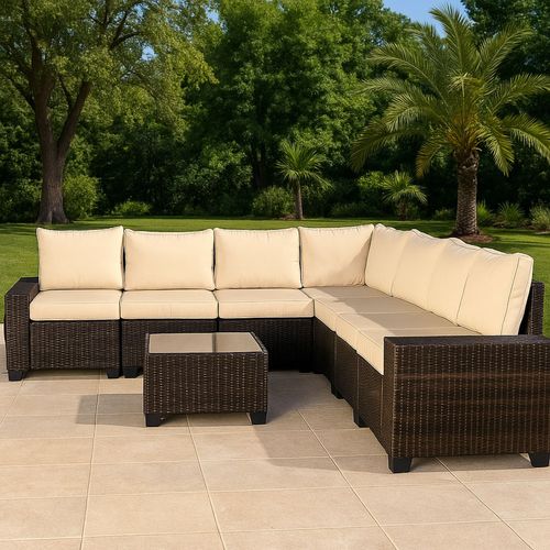 Lazaro - Salon De Jardin Modulable 7 Places En Résine Tressée Avec Table Marron Et Beige