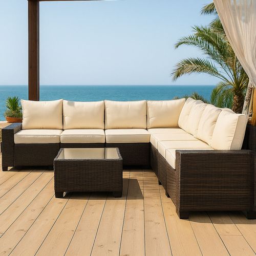 Lazaro - Salon De Jardin Modulable 7 Places En Résine Tressée Avec Table Marron Et Beige