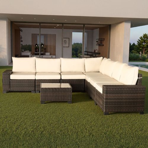 Lazaro - Salon De Jardin Modulable 7 Places En Résine Tressée Avec Table Marron Et Beige