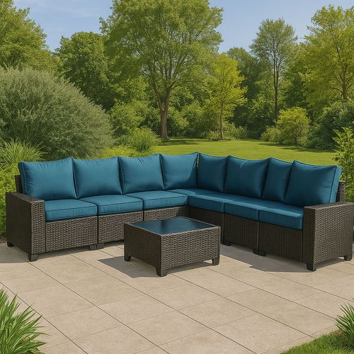 Lazaro - Salon De Jardin Modulable 7 Places En Résine Tressée Avec Table Gris Et Bleu