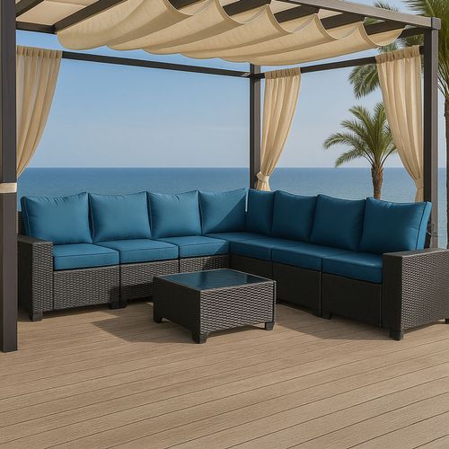 Lazaro - Salon De Jardin Modulable 7 Places En Résine Tressée Avec Table Gris Et Bleu