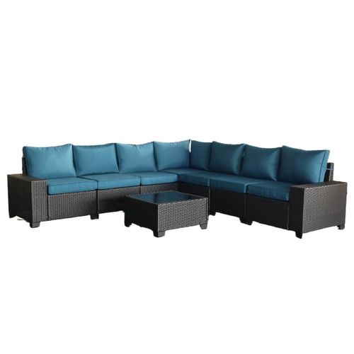 Lazaro - Salon De Jardin Modulable 7 Places En Résine Tressée Avec Table Gris Et Bleu