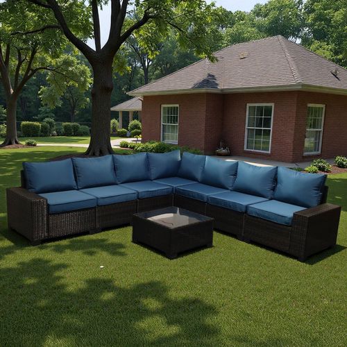 Lazaro - Salon De Jardin Modulable 7 Places En Résine Tressée Avec Table Gris Et Bleu