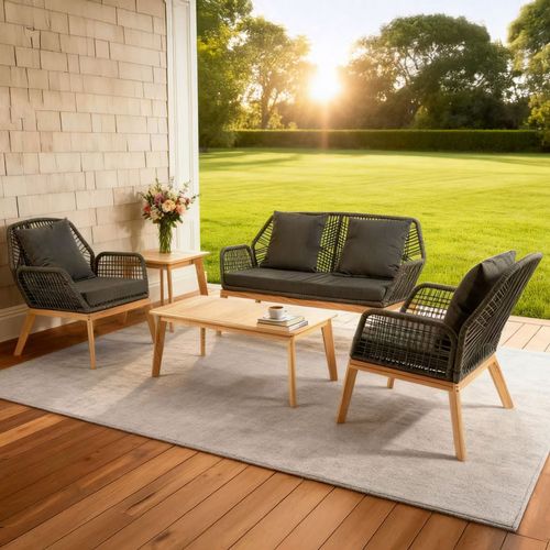 Rosario - Salon De Jardin 4 Places En Bois Avec 2 Tables Gris Anthracite Et Bois