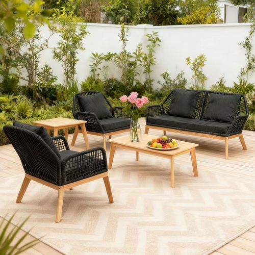 Rosario - Salon De Jardin 4 Places En Bois Avec 2 Tables Gris Anthracite Et Bois