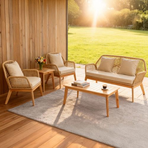 Rosario - Salon De Jardin 4 Places En Bois Avec 2 Tables Beige Et Bois