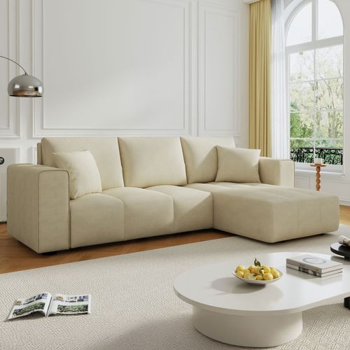 Brighton - Canapé D'angle Convertible 4 Places Avec Coffre En Velours Beige