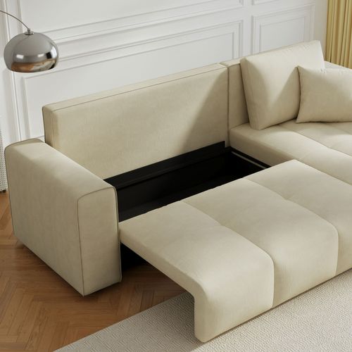 Brighton - Canapé D'angle Convertible 4 Places Avec Coffre En Velours Beige