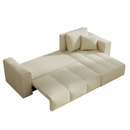 Brighton - Canapé D'angle Convertible 4 Places Avec Coffre En Velours Beige