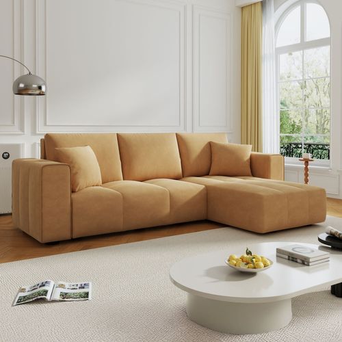 Brighton - Canapé D'angle Convertible 4 Places Avec Coffre En Velours Jaune