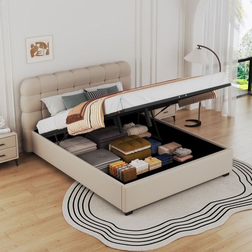 Dallas - Lit Nuage Avec Coffre De Rangement 140x190cm En Velours Beige