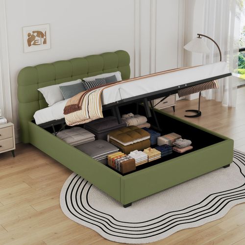 Dallas - Lit Nuage Avec Coffre De Rangement 140x190cm En Velours Vert