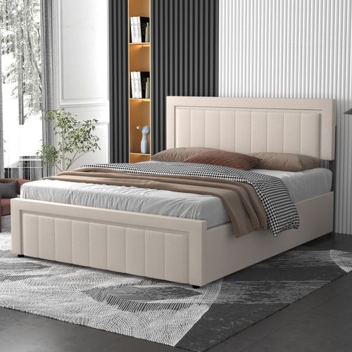 Nashville - Lit Contemporain Avec Coffre De Rangement 140x190cm En Velours Beige