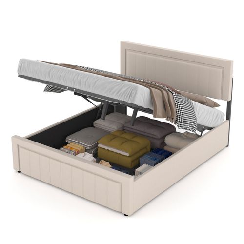 Nashville - Lit Contemporain Avec Coffre De Rangement 140x190cm En Velours Beige